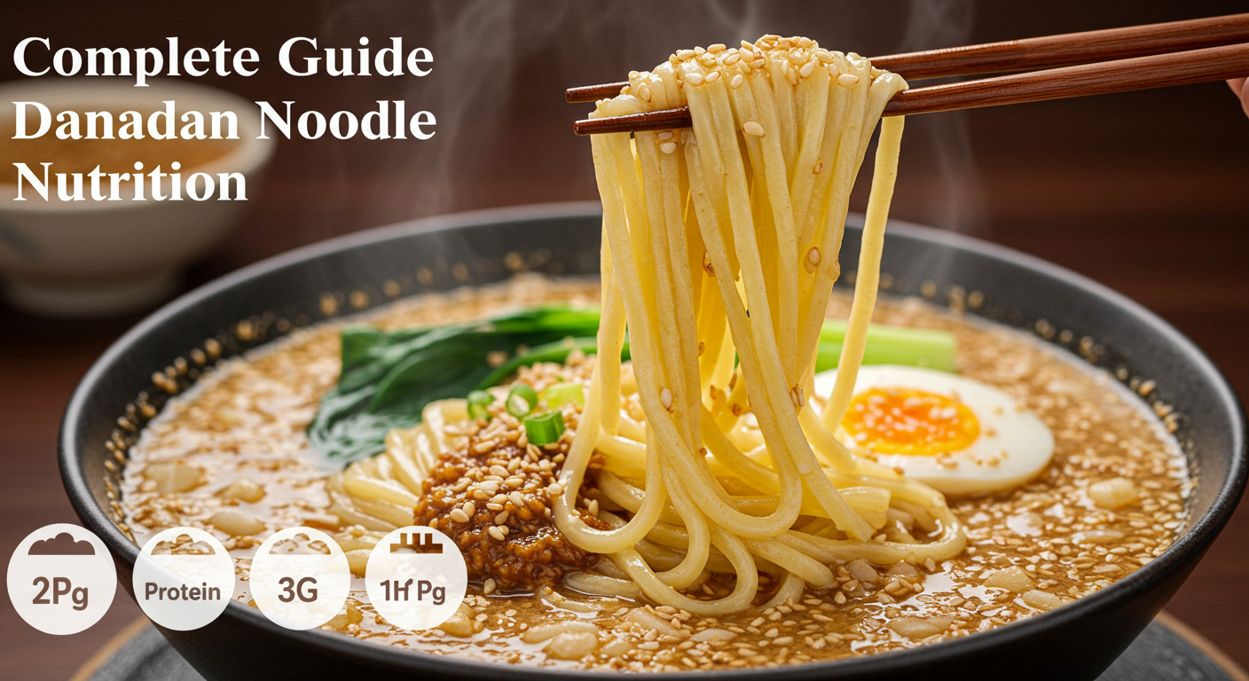 湯気の立つ美味しそうな担々麺の写真に、栄養成分のアイコン（タンパク質、ビタミン、ミネラル）を重ねたデザイン