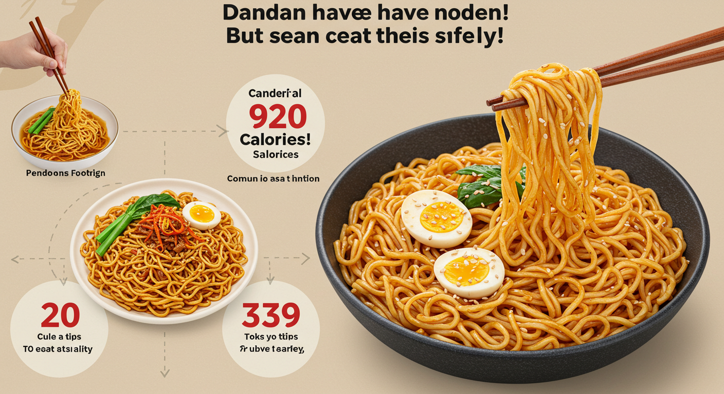 アイキャッチ画像を生成してください： タイトル：「担々麺のカロリーは920kcal！でも安心して食べる方法があります」 ビジュアル：美味しそうな担々麺の写真の横に、カロリー表示とカロリーカットのポイントを3つ記載したインフォグラフィック
